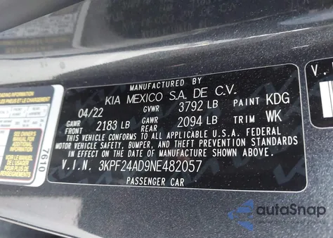 2022 Kia Forte Lxs из США, поврежденный, VIN 3KPF24AD9NE482057